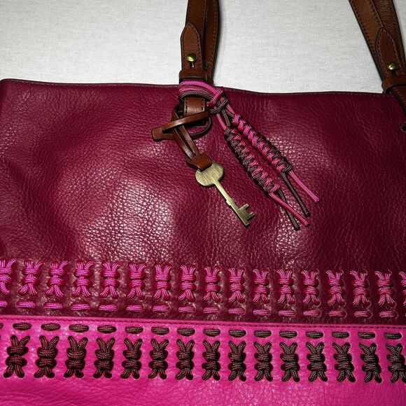 Fossil Rachel tote bag in a raspberry wine and hot pink color-block leather - Picture 2 of 6